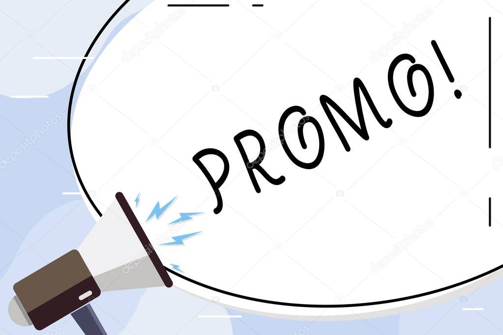 Conceptual hand writing showing Promo. Business photo text Piece of advertising Discount Special Offer Sale Oval Shape Sticker and Megaphone Shouting with Volume Icon.