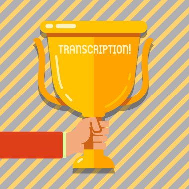 Text sign showing Transcription. Conceptual photo Written or printed process of transcribing words text voice Hand Holding Blank Golden Championship Winners Cup Trophy with Reflection. clipart