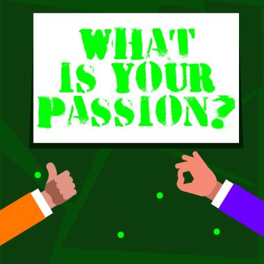 Word metin ne olduğunu Your Passion soru yazma. Onun güçlü ve çok az kontrol edilebilir duygu hakkında iki işadamları eller eller promosyon için başparmak yukarı ve Tamam işareti sorduğun için iş kavramı.
