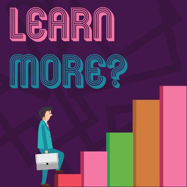 Kavramsal el bilgi edinin daha fazla soru gösterilen yazma. İş fotoğraf vitrine kazanç bilgi veya beceri eğitimi veya adam taşıyan pratik bir evrak çantası dalgın ifade tırmanma up.