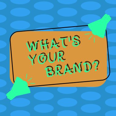 Metin yazma S Your marka ne kelime. İş kavramı için kimliğinizi boş renk dikdörtgen şeklinde özetlenen üzerinde ses simgesi ile iki megafon pazarlama şirket işletme olarak bize.