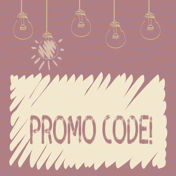 Handwriting text Promo Code. Concept meaning consisting letters numbers consumers can enter obtain discount Set of Transparent Bulbs Hanging with Filament and One is in Lighted Icon. — Stock Photo, Image