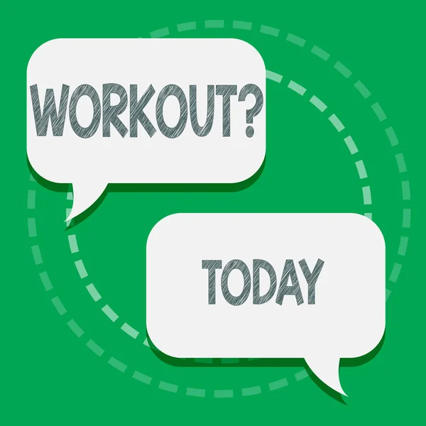 Word のテキスト Workoutquestion の書き込み。2 空白音声バルーン魅力的なパステル背景に会話で行使ウェルネス ボディービルのトレーニング活動のビジネス コンセプト. — ストック写真