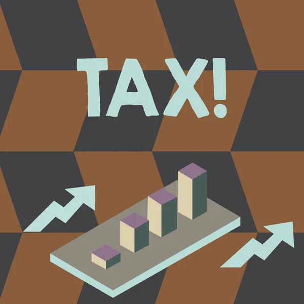 Writing note showing Tax. Business photo showcasing Compulsory payment of taxes by showing to government increase revenue Clustered 3D Bar Chart Graph in Perspective with Two Arrows. — Stock Photo, Image