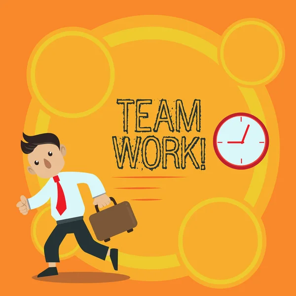 Writing note showing Team Work. Business photo showcasing combined action of group especially when effective and efficient Man Carrying Briefcase Walking Past the Analog Wall Clock. — Stock Photo, Image