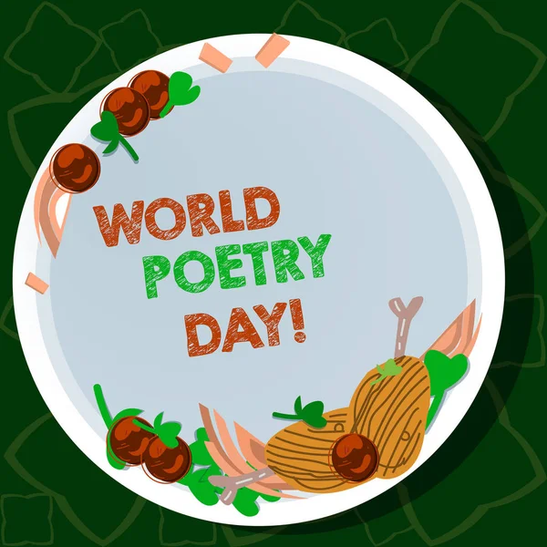 Handgeschreven tekst schrijven World Poetry Day. Begrip betekenis wereldwijd literatuur viering lezing boeken tijd Hand getrokken Lamb Chops kruid Spice Cherry tomaten op lege kleurplaat. — Stockfoto