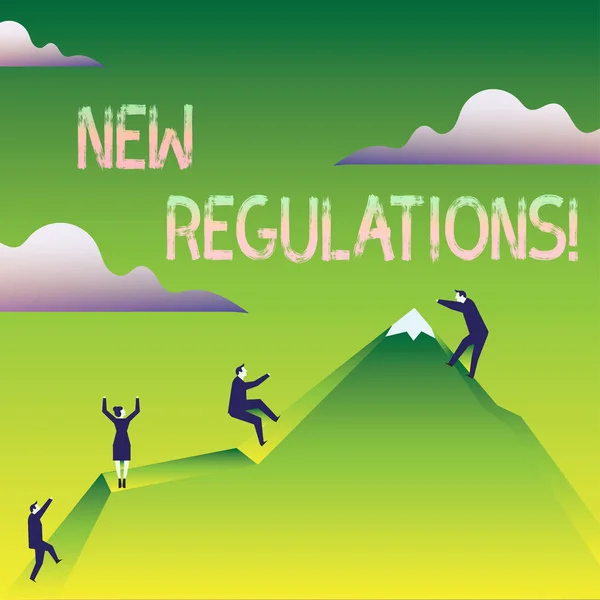 Word writing text New Regulations. Business concept for rules made government order control something done Business People Climbing Color Mountain by Themselves Holding Invisible Rope. — Stock Photo, Image