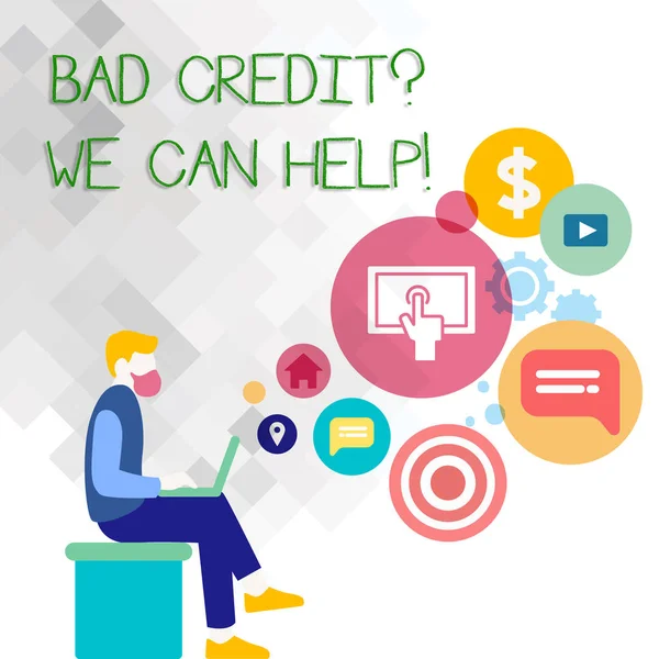 Text sign showing Bad Creditquestion We Can Help. Conceptual photo achieve good debt health Man Sitting Down with Laptop on his Lap and SEO Driver Icons on Blank Space. — Stock Photo, Image