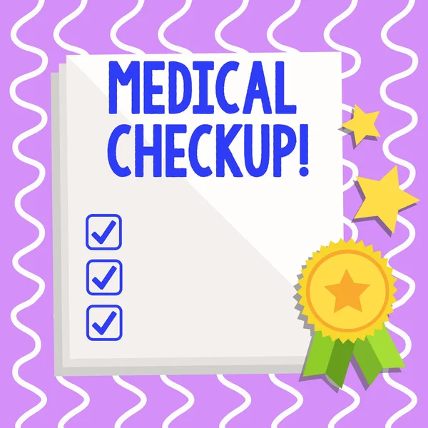 Conceptual hand writing showing Medical Checkup. Business photo text thorough physical examination includes variety of tests White Sheet of Parchment Paper with Ribbon Seal Stamp Label.