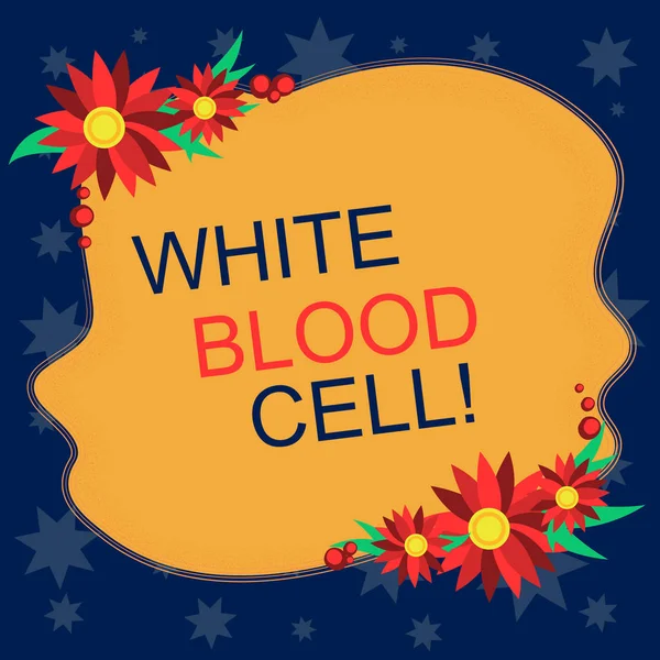 A escrever um bilhete a mostrar as células brancas do sangue. Foto de negócios mostrando Leucocytes encarregados de proteger o corpo de infecções em branco Forma de cor irregular com flores Fronteira para cartões Convite Anúncios . — Fotografia de Stock