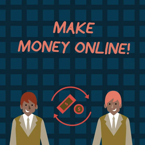 Word tekst intoetsen Make Money Online. Businessconcept voor het maken van winst met behulp van internet zoals freelancen of marketing geld in Dollar munt teken binnen roterende pijlen tussen twee zakenlieden. — Stockfoto