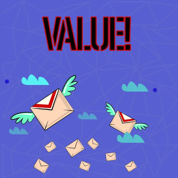 Writing note showing Value. Business photo showcasing Something or someone regarded as highly significant valuable Colorful Airmail Letter Envelopes and Two of Them with Wings. — Stock Photo, Image