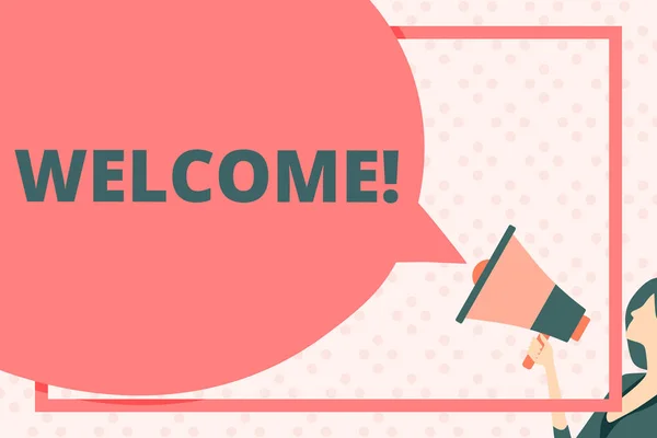 Handwriting text writing Welcome. Concept meaning Warm salutation acknowledgement for someone amiable loved thanked Huge Blank Speech Bubble Round Shape. Slim Woman Holding Colorful Megaphone. — Stock Photo, Image