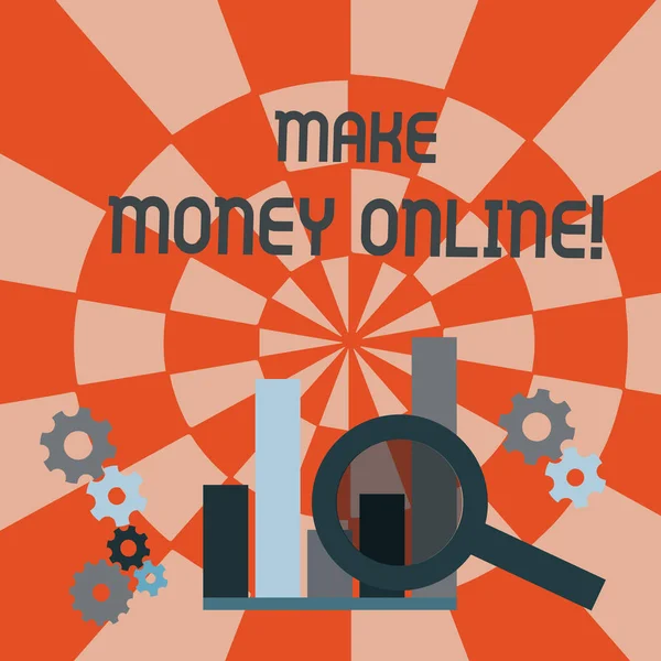 Make Money Online gösterilen metin işareti. Freelancing veya Büyüteç camı üzerinde Bar sütun grafiği Cog Wheel Gears analiz için yanında pazarlama gibi Internet üzerinden kar kavramsal fotoğraf. — Stok fotoğraf