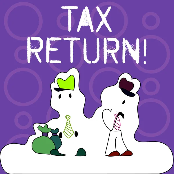 Handwriting text writing Tax Return. Concept meaning form on which taxpayer makes annual statement of income Figure of Two Men Standing with Pouch Bag on White Sticker Style Snow Effect.