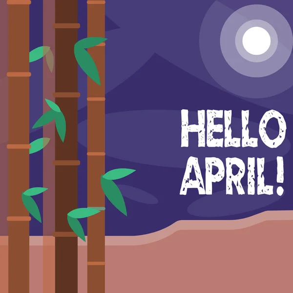 Pisanie programu Word tekst Hello kwietnia. Koncepcja biznesowa dla witając czwartego miesiąca roku zwykle uważane za wiosna kolorowe zestawy liściaste bambusa na lewej stronie i księżyc i słońce z okrągłych Belek. — Zdjęcie stockowe