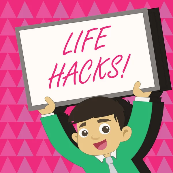 Escritura manual conceptual que muestra Life Hacks. Técnica de texto de foto de negocios adoptado análisis unos tiempo y actividades diarias Joven estudiante elevando hacia arriba marco pizarra blanca por encima de su cabeza . —  Fotos de Stock