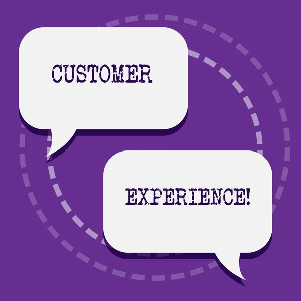 Word writing text Customer Experience. Business concept for product of interaction between organization and buyer Two Blank White Speech Balloon Engaging in Conversation on Pastel Backdrop. — Stock Photo, Image