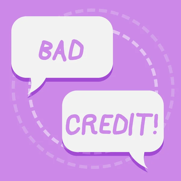 Handwriting text writing Bad Credit. Concept meaning offering help after going for loan then getting rejected Two Blank White Speech Balloon Engaging in Conversation on Pastel Backdrop. — Stock Photo, Image