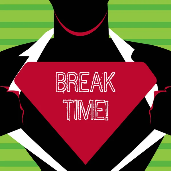 Scrivere testi in Word Break Time. Business concept per il tempo programmato quando i lavoratori smettono di lavorare per un breve periodo Man in Superman Pose Aprire la camicia per rivelare il logo triangolare vuoto . — Foto Stock