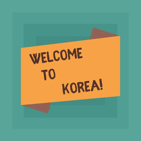 Konzeptionelle Handschrift, die Korea willkommen heißt. Business Foto Text Ankunft in asiatischen modernen Land andere Kultur Blankofarbe gefaltet Banner Streifen flachen Stil Ankündigungsplakat. — Stockfoto