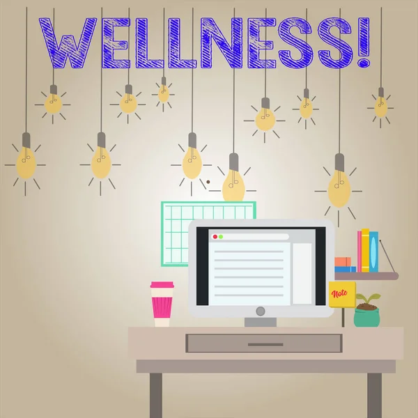 Handgeschreven tekst schrijven van Wellness. Concept, wat betekent dat het maken van gezonde keuzes volledige geestelijke, lichamelijke ontspanning foto van interieur werken ruimtestation Concept van technische persoon. — Stockfoto