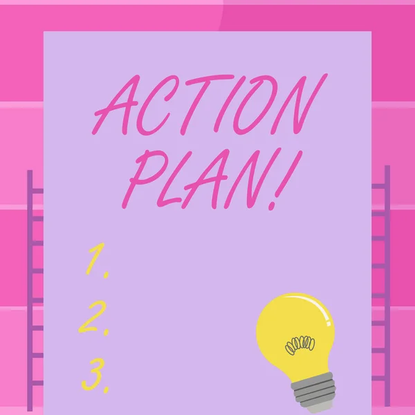 Handskrift text skriva handlingsplan. Begrepp som betyder föreslagna strategin eller kursen åtgärder för vissa tid glödlampa med glödtråden inuti vilande på Blank färgpapper. — Stockfoto