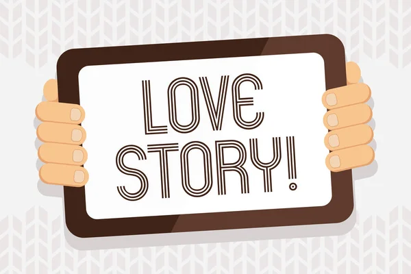 Handgeschreven tekst schrijven Love Story. Begrip betekenis roman over de relatie tussen twee demonstratings analyse kleur Tablet Smartphone met leeg scherm Handheld vanuit de achterkant van Gadget. — Stockfoto