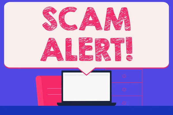 Znak tekstowy Wyświetlono Scam Alert. Koncepcyjne zdjęcie Trik niedozwolony zazwyczaj w celu uzyskania pieniędzy od Wyświetlono pusty ogromny mowy Bańka wskazując na biały ekran laptopa w obszarze roboczym pomysł. — Zdjęcie stockowe