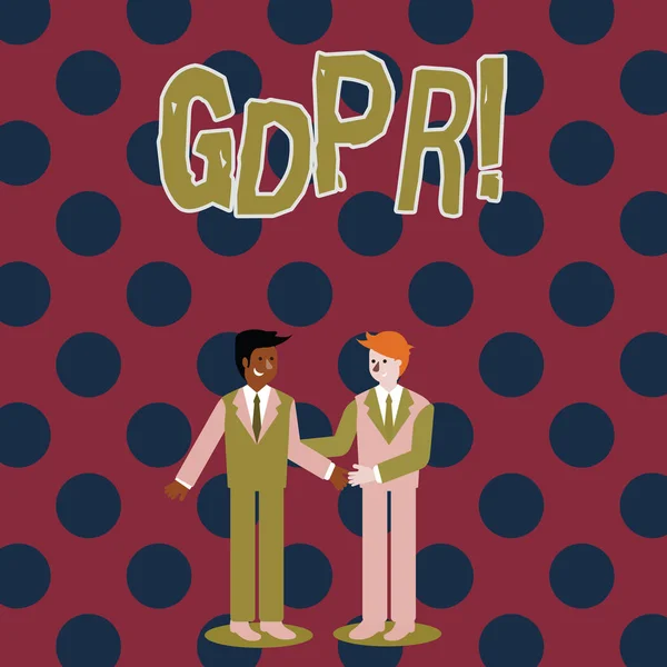 Piśmie Uwaga Wyświetlono zdjęcie Gdpr handlowe gablota ogólnego rozporządzenia o ochronie danych prywatności UE przepisów zgodności uśmiechający się biznesmenów i witali przez uzgadnianie. — Zdjęcie stockowe