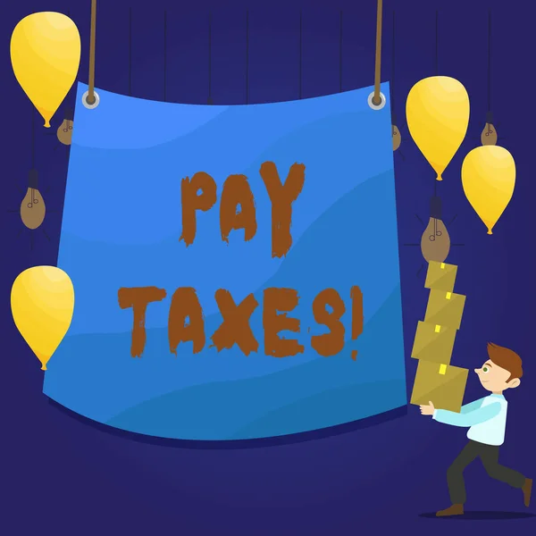 Writing note showing Pay Taxes. Business photo showcasing amount of money that you have to give to government in time Man Carrying Pile of Boxes with Tarpaulin in Center Balloons.