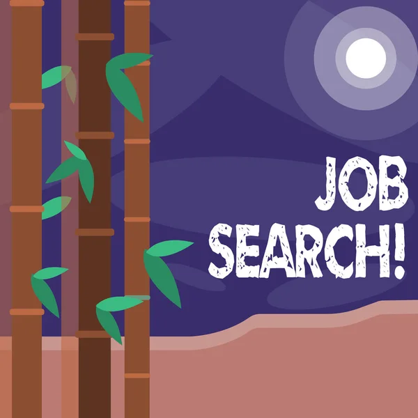 Texto de escrita de palavras Job Search. Conceito de negócio para o ato de procurar emprego devido ao desemprego subemprego Conjuntos coloridos de bambu folheado no lado esquerdo e lua ou sol com feixe redondo . — Fotografia de Stock