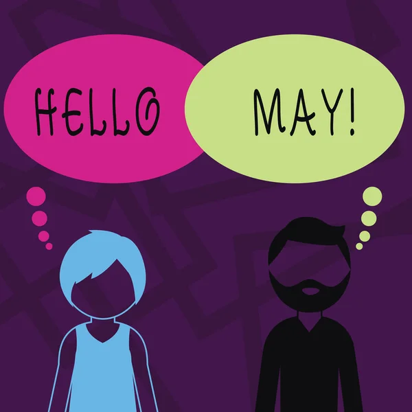 显示 Hello May 的文本符号。概念照片欢迎第五个月考虑上个月春天胡子的人和女人的无脸的配置文件与空白五颜六色的思想泡泡. — 图库照片