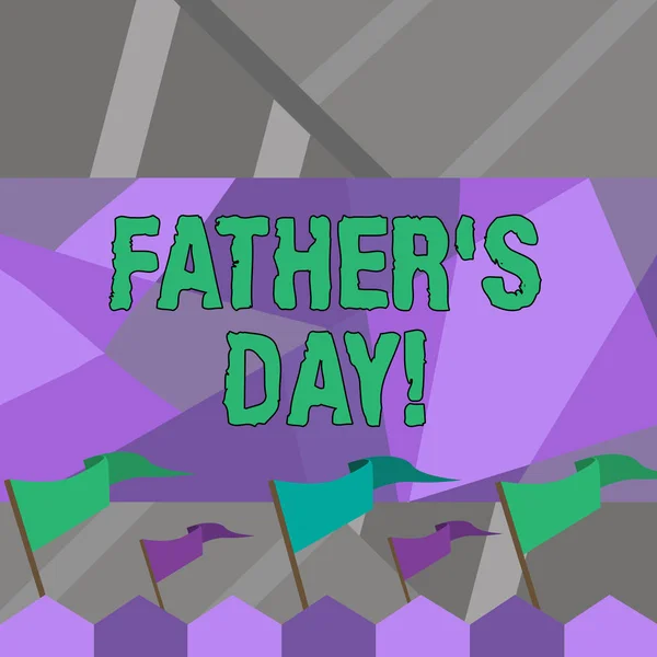 Word writing text Father S Day. Business concept for day of year where fathers are particularly honoured by children Blank Solid Colorful Pennant Streamer Flag on Stick Mounted on Picket Fence.