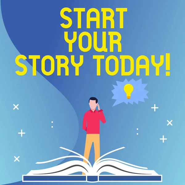 Text sign showing Start Your Story Today. Conceptual photo work hard on yourself and begin from this moment Man Standing Behind Open Book, Hand on Head, Jagged Speech Bubble with Bulb. — Stock Photo, Image