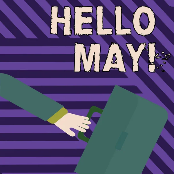 Текстовый знак, показывающий Hello May. Концептуальная фотография приветствуя пятый месяц года рассматривается в прошлом месяце весны Rushing предприниматель Рука качнулся дальше назад и держась за ручную цветной портфель . — стоковое фото