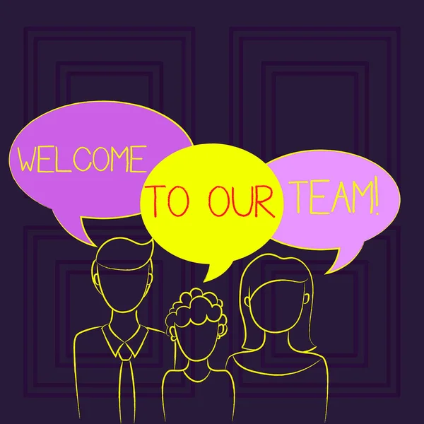 Handwriting text Welcome To Our Team. Concept meaning introducing another demonstrating to your team mates Family of One Child Between Father and Mother and Their Own Speech Bubble. — Stock Photo, Image