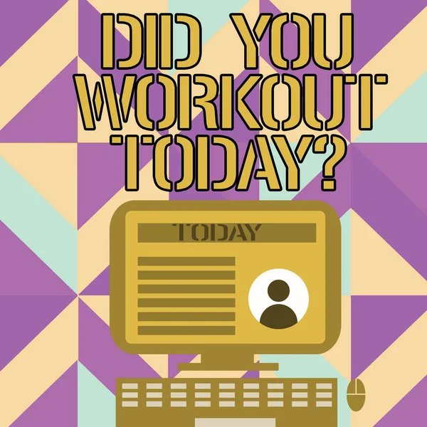 Handwriting text writing Did You Workout Today. Concept meaning asking if made session physical exercise Desktop Computer Mounted on Stand with Online Profile Data on Monitor Screen. — Stock Photo, Image