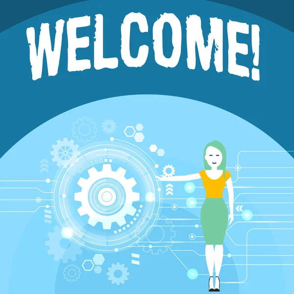 Writing note showing Welcome. Business photo showcasing Warm salutation acknowledgement for someone amiable loved thanked Woman Presenting the SEO Process with Cog Wheel Gear inside. — Stock Photo, Image