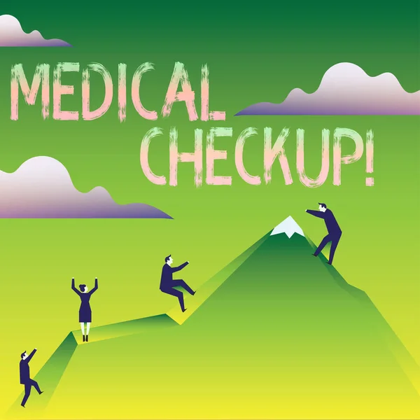 Word writing text Medical Checkup. Business concept for thorough physical examination includes variety of tests Business People Climbing Color Mountain by Themselves Holding Invisible Rope.