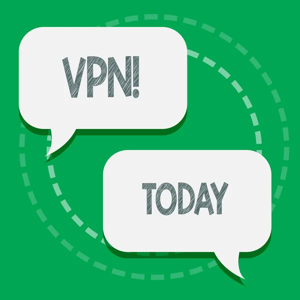 Word writing text Vpn. Business concept for Secured virtual private network across confidential domain protected Two Blank White Speech Balloon Engaging in Conversation on Pastel Backdrop. — Stock Photo, Image