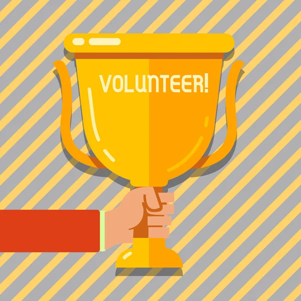 Text sign showing Volunteer. Conceptual photo Volunteering individual for greater social cause serving others Hand Holding Blank Golden Championship Winners Cup Trophy with Reflection. — Stock Photo, Image