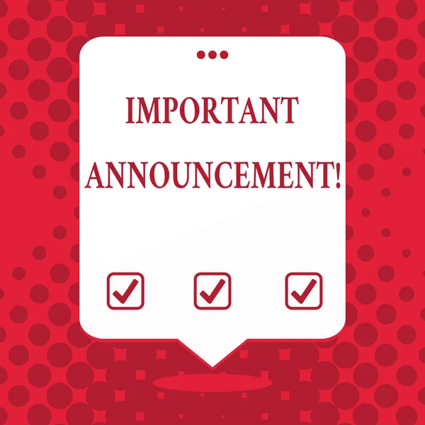 Handwriting text Important Announcement. Concept meaning spoken statement that tells showing about something Blank Space White Speech Balloon Floating with Three Punched Holes on Top. — Stock Photo, Image