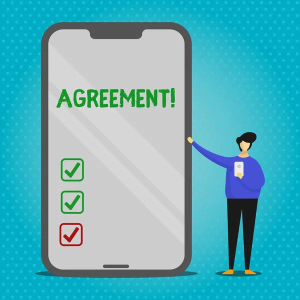 Text sign showing Agreement. Conceptual photo Business or demonstratingal closures made easy with better guidance Man Presenting Huge Blank Screen Smartphone while Holding Another Mobile. — Stock Photo, Image