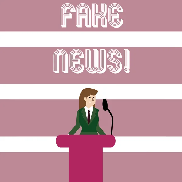 Schrijven van notitie weergegeven: Fake Nieuws. Zakelijke foto presentatie van valse verhalen die lijken te verspreiden op internet met behulp van andere media zakenvrouw achter Podium Rostrum spreken op microfoon. — Stockfoto