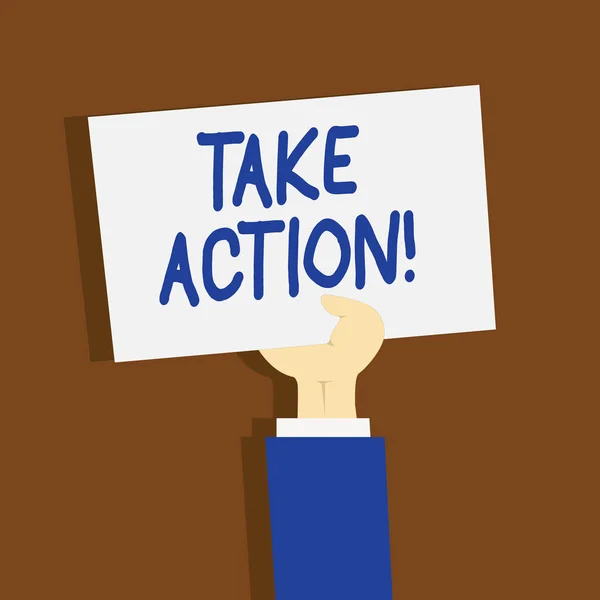 Writing note showing Take Action. Business photo showcasing do something official or concerted to achieve aim with problem Clipart of Hand Holding Up Sheet of Paper on Pastel Backdrop. — Stock Photo, Image