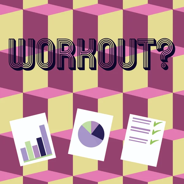 Writing note showing Workoutquestion. Business photo showcasing Activity for wellness bodybuilding training exercising Presentation of Bar, Data and Pie Chart Graph on White Paper. — Stock Photo, Image