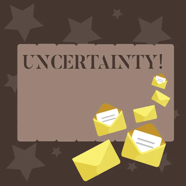 Conceptual hand writing showing Uncertainty. Business photo showcasing Unpredictability of certain situations events behavior Closed and Open Envelopes with Letter on Color Stationery. — Stock Photo, Image