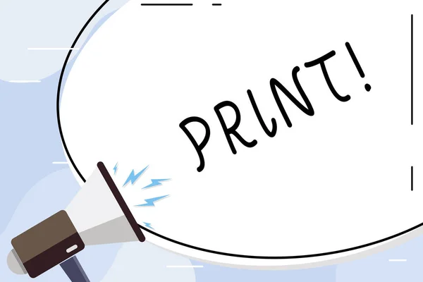 显示 "打印" 的概念手写。商业照片文本通过机器在纸上使用墨水或碳粉椭圆形贴纸和带有卷图标的扩音器大喊在纸上生成字母数字符号. — 图库照片