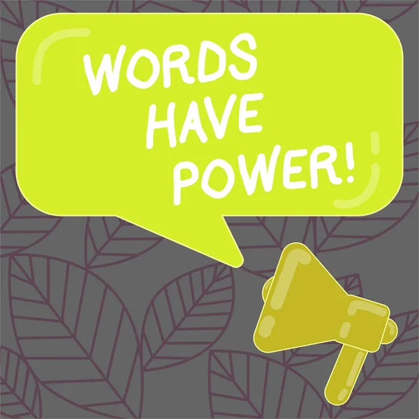 Het schrijven van opmerking woorden hebben macht te tonen. Zakelijke foto presentatie van energie vermogen om te genezen van hulp belemmeren nederig en vernederen megafoon en rechthoekige kleur tekstballon met reflectie. — Stockfoto